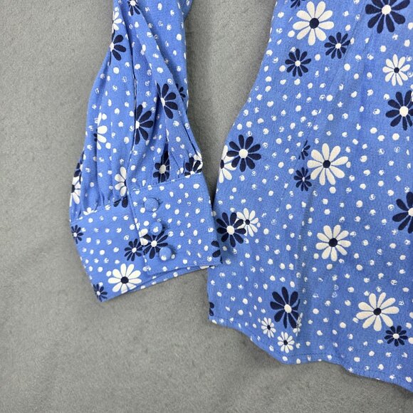 Talbots Shirt Womens Large Blue Daisy Floral Wrap Blouse Top Boho Preppy Casual - Picture 5 of 13